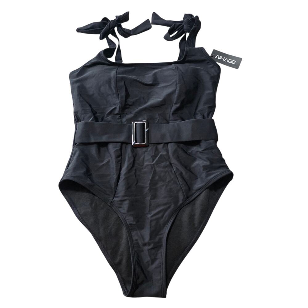 AIMAGE Black One Piece Swimsuit Womens M Belted Tie Strap High Cut Swimwear